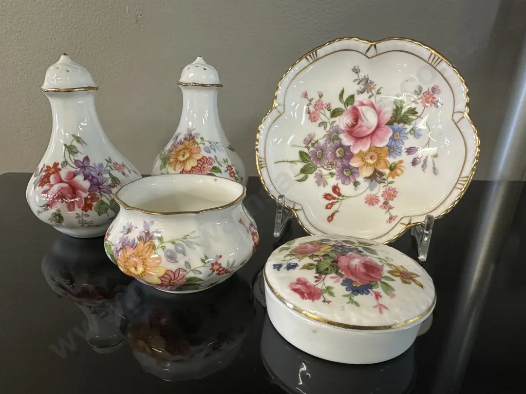 Selection Of China Items Including Royal Crown Derby Poises & Fenton Lidded Dish Image 1++