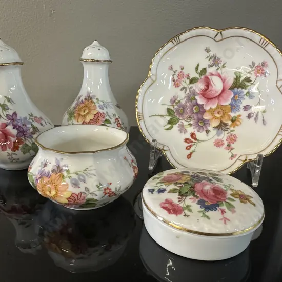 Selection Of China Items Including Royal Crown Derby Poises & Fenton Lidded Dish