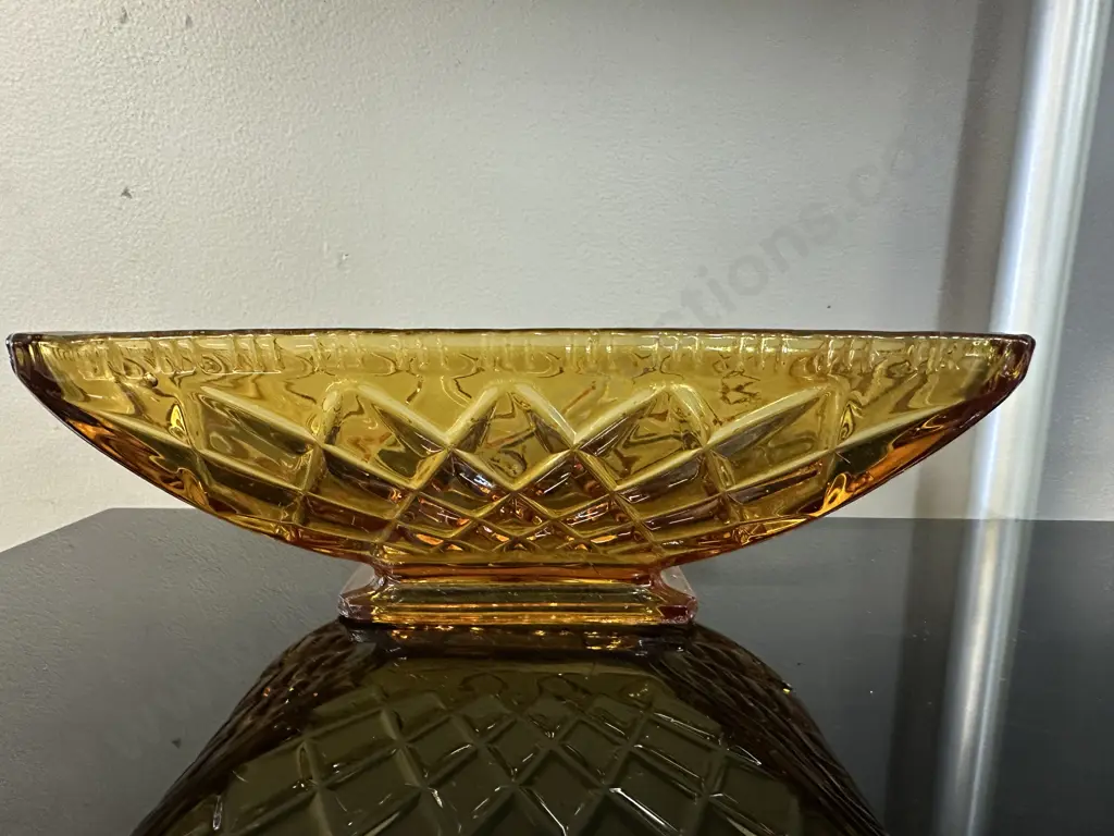 Art Deco Sowerby Amber Rectangular Glass Fruit Bowl H9,L25,D16cm. Image 1++