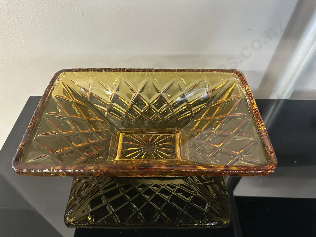 Art Deco Sowerby Amber Rectangular Glass Fruit Bowl H9,L25,D16cm. Image 1++