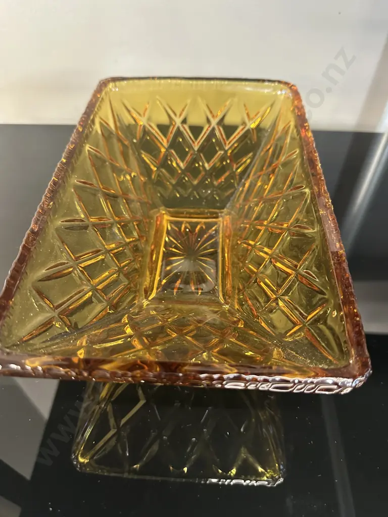 Art Deco Sowerby Amber Rectangular Glass Fruit Bowl H9,L25,D16cm. Image 1++