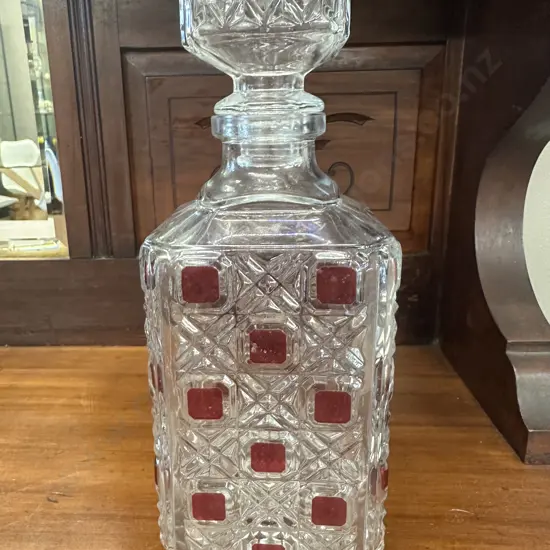 Vintage Pressed Crystal Decanter With Square Ruby Flash Accents H25cm