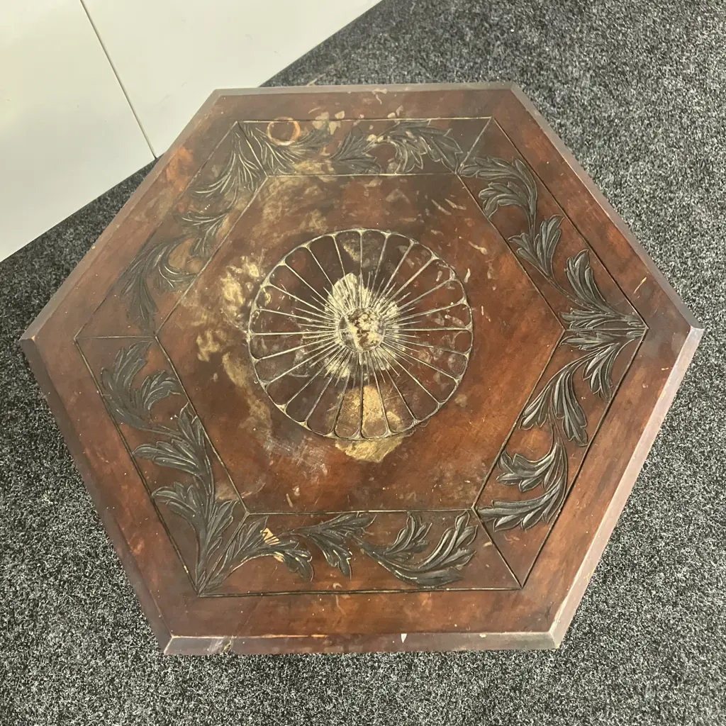 Arts & Crafts Carved Octagonal Bobbin Leg Side Table. 71 x 61cm Image 1++