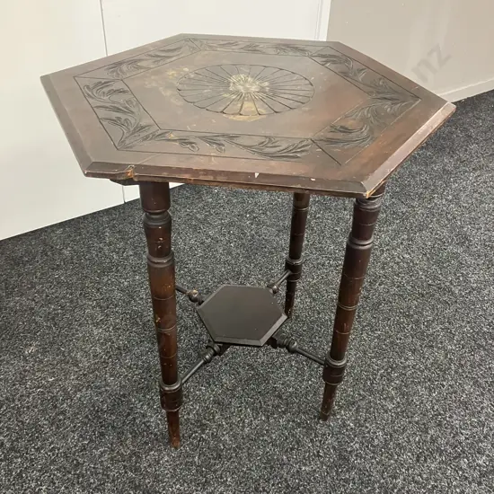 Arts & Crafts Carved Octagonal Bobbin Leg Side Table. 71 x 61cm