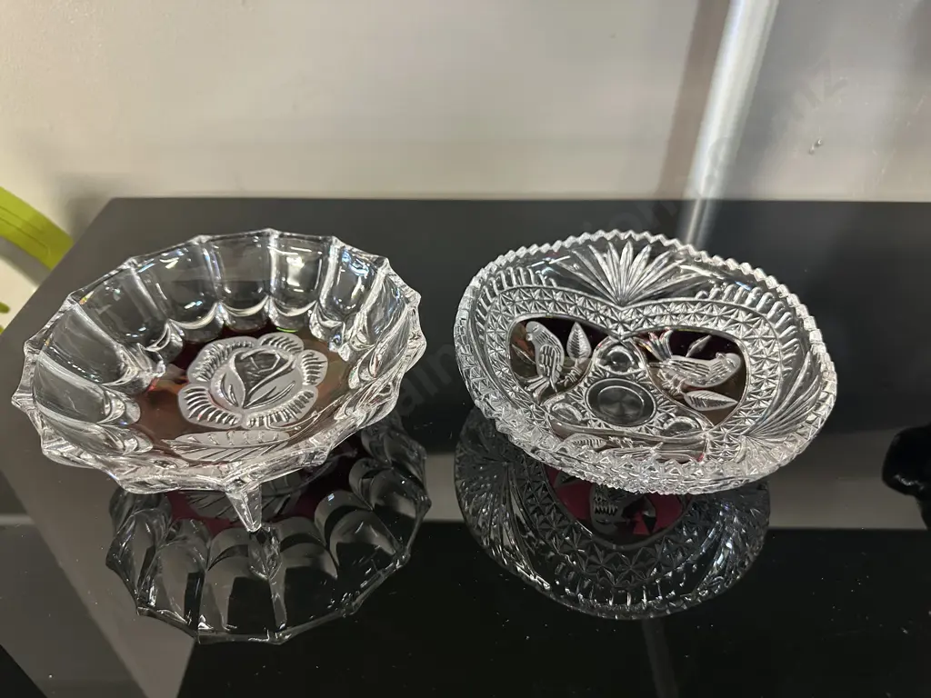 Vintage German Hofbauer Three Footed Ruby Red Rose Dish & Red Bird Byrdes Pattern Bowl Image 1++