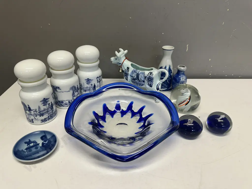 Blue & White Items Including Art Glass Bowl, Paper Weights, Cow Creamer Etc Image 1++