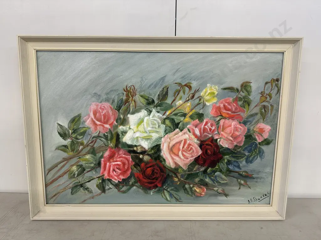 Vintage Cream Framed Original Artwork Signed J R Shackel 'Bunch Of Roses' H62,W52cm. Image 1++