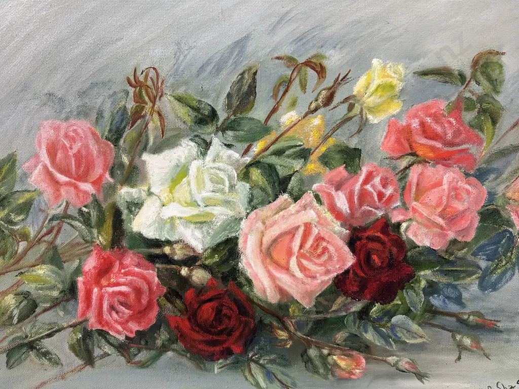 Vintage Cream Framed Original Artwork Signed J R Shackel 'Bunch Of Roses' H62,W52cm. Image 1++
