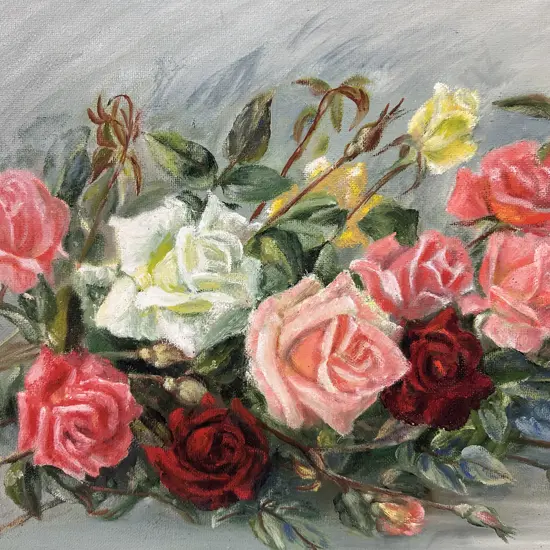 Vintage Cream Framed Original Artwork Signed J R Shackel 'Bunch Of Roses' H62,W52cm.