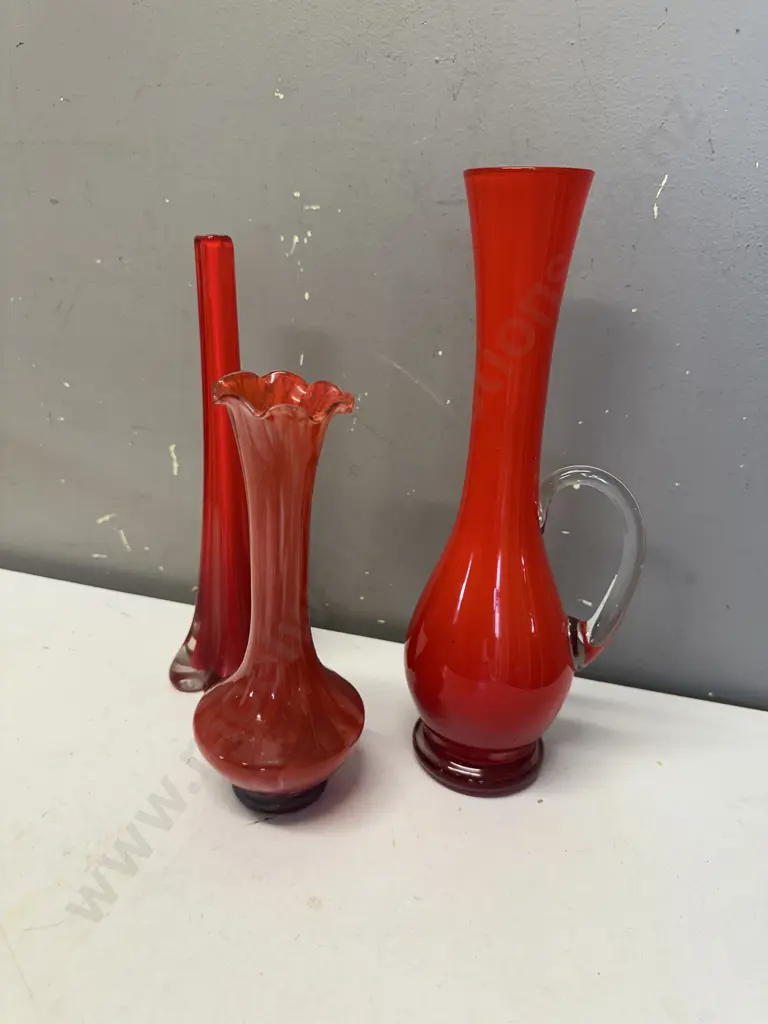 Selection Of Vases Including Red Art Glass Bud Vase, Mid Century Bud Vase Etc Image 1++