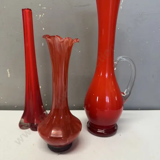 Selection Of Vases Including Red Art Glass Bud Vase, Mid Century Bud Vase Etc