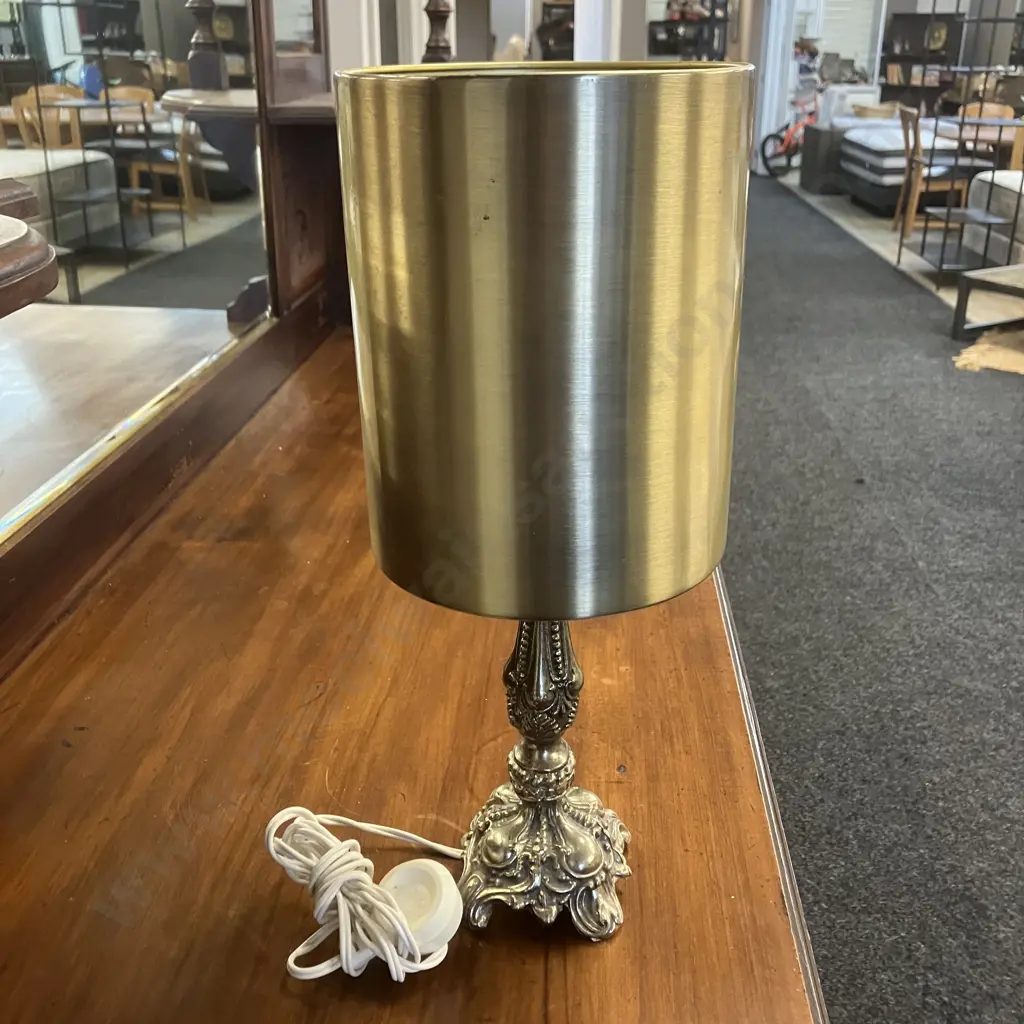 Table Lamp With Ornate Cast Metal Base & Brass Colour Metal Shade. H39cm Image 1++