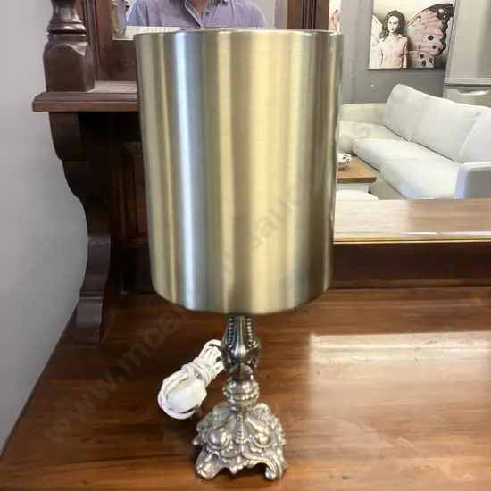 Table Lamp With Ornate Cast Metal Base & Brass Colour Metal Shade. H39cm