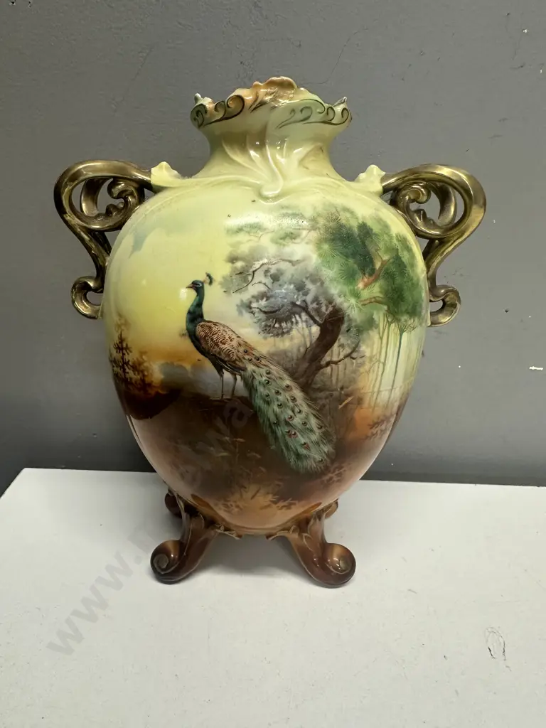 Decorative Vase, Hand Painted Peacock Detail, Gilt Handles, Footed. H23.5cm Image 1++