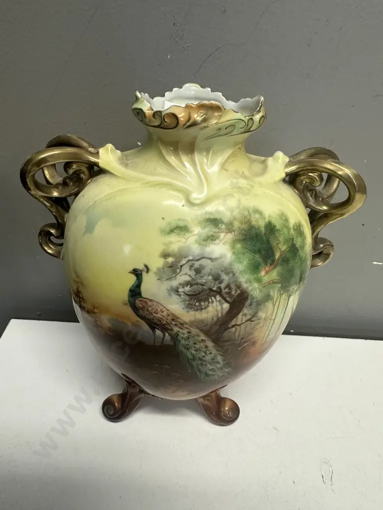 Decorative Vase, Hand Painted Peacock Detail, Gilt Handles, Footed. H23.5cm Image 1++