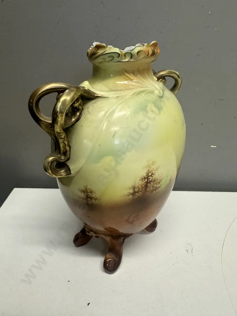 Decorative Vase, Hand Painted Peacock Detail, Gilt Handles, Footed. H23.5cm Image 1++