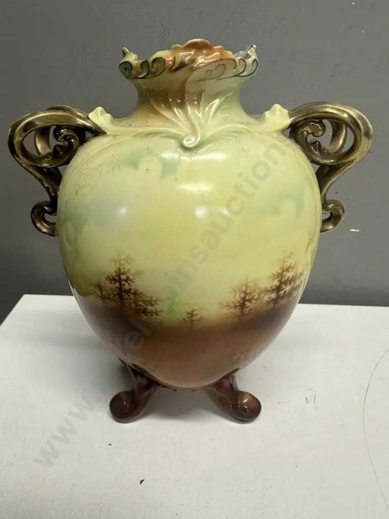 Decorative Vase, Hand Painted Peacock Detail, Gilt Handles, Footed. H23.5cm Image 1++
