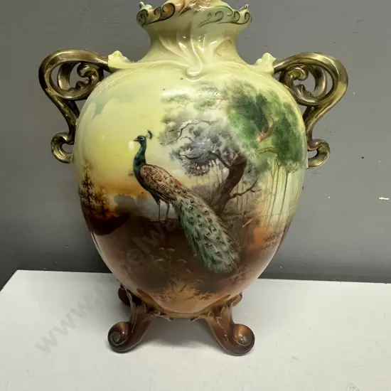 Decorative Vase, Hand Painted Peacock Detail, Gilt Handles, Footed. H23.5cm