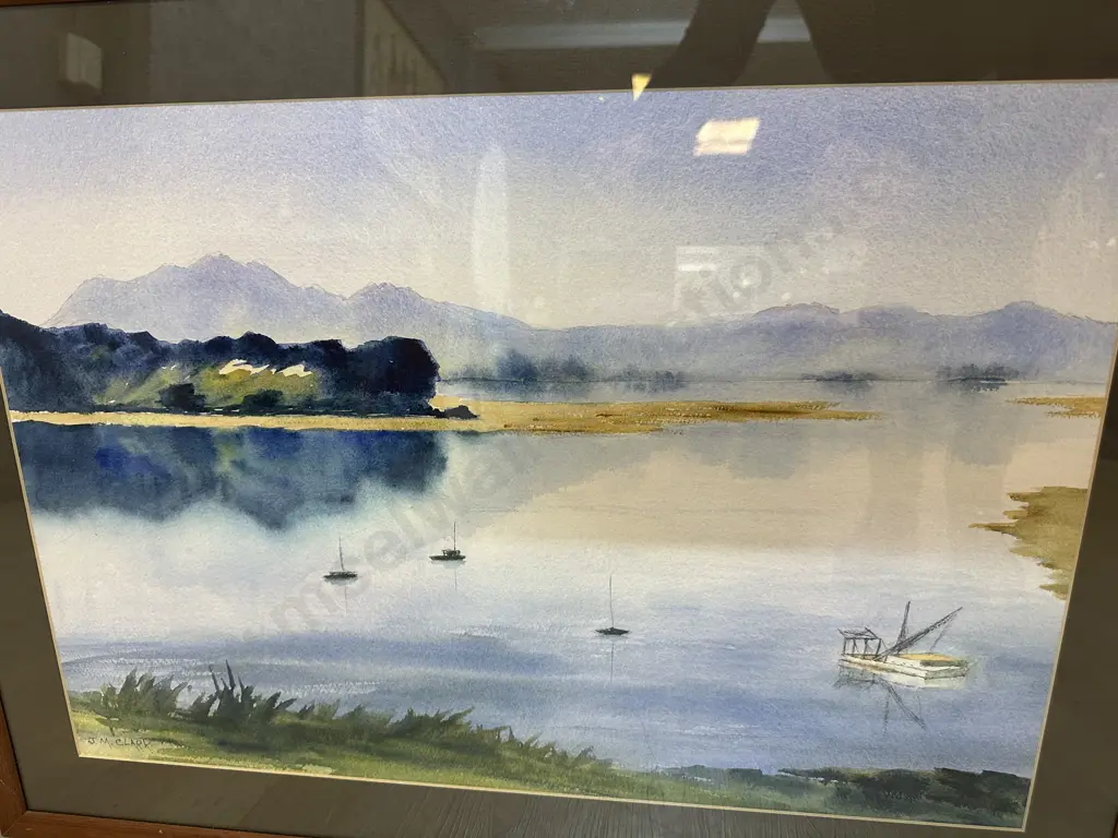 Original Water Colour Framed Signed J.M.Clark 'Boats On Water' H54,W72cm.  Image 1++
