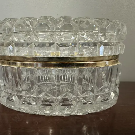 Vintage Heavy Hinged Oval Shaped Cut Glass Jewellery Box/Casket H11,W18cm.