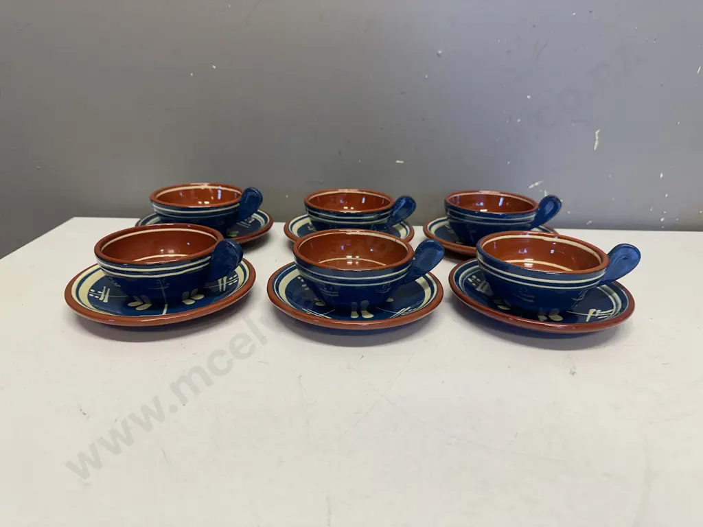 Nittsjo Vintage Sweden Ceramic Pottery, Cups & Saucers x 6, Redware Stoneware Blue / Cream / Terracotta Image 1++