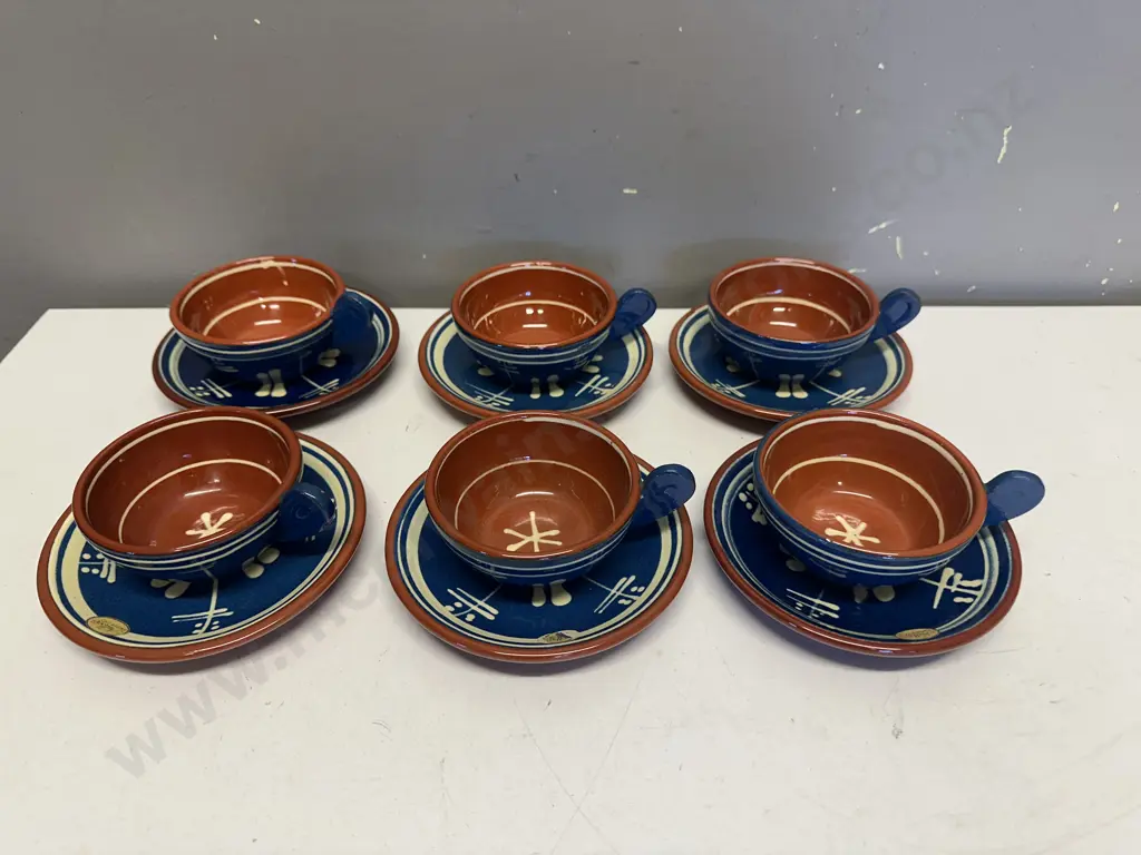 Nittsjo Vintage Sweden Ceramic Pottery, Cups & Saucers x 6, Redware Stoneware Blue / Cream / Terracotta Image 1++