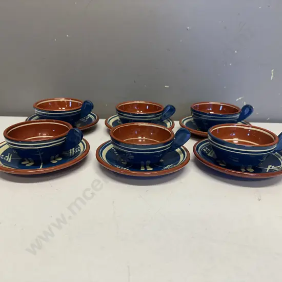Nittsjo Vintage Sweden Ceramic Pottery, Cups & Saucers x 6, Redware Stoneware Blue / Cream / Terracotta