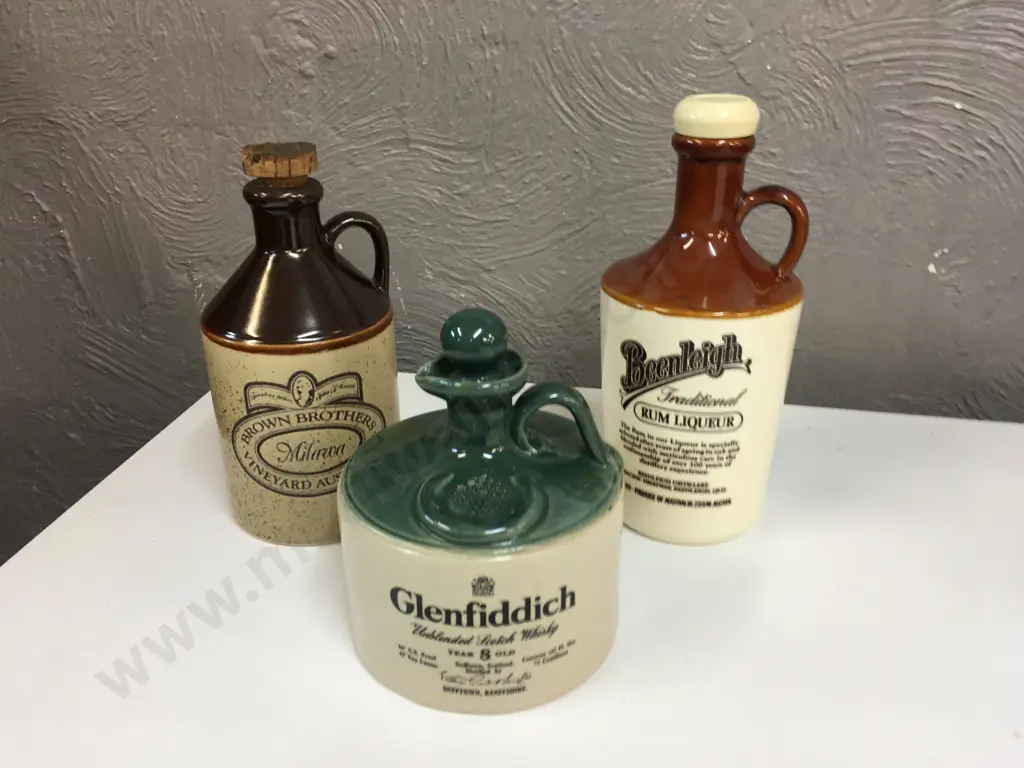 Selection Of Whiskey & Rum Stoneware Bottles Including Glenfiddich, Beenleigh & Brown Brothers Image 1++