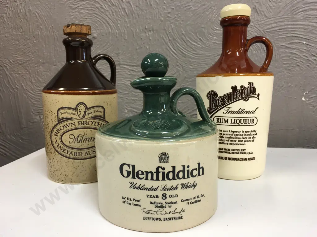 Selection Of Whiskey & Rum Stoneware Bottles Including Glenfiddich, Beenleigh & Brown Brothers Image 1++