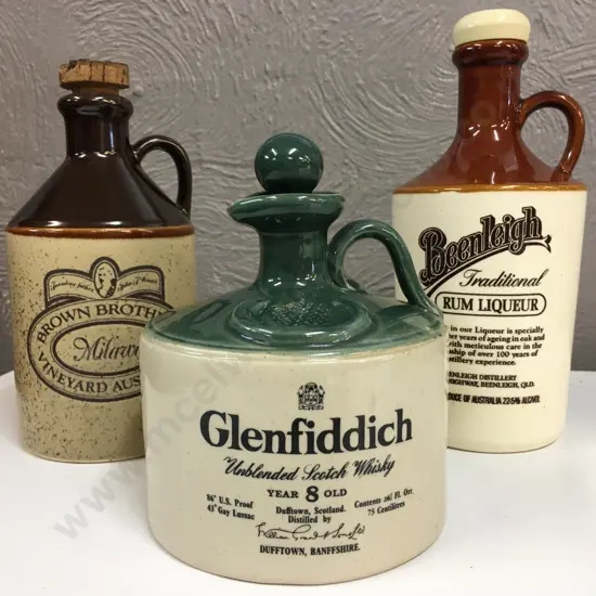 Selection Of Whiskey & Rum Stoneware Bottles Including Glenfiddich, Beenleigh & Brown Brothers