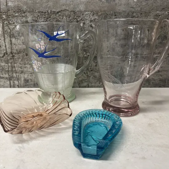 Vintage Drinks Jug, Glassware, Blue Horse Shoe Dish (as found) Etc