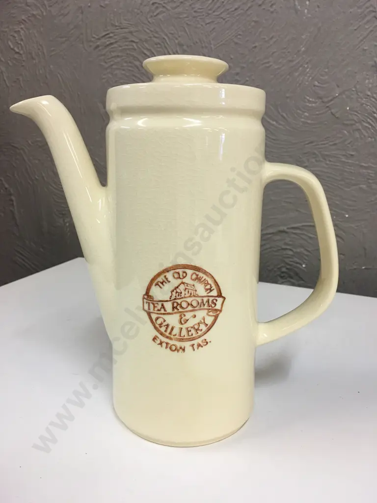 Vintage Bendigo Pottery Coffee Jug Cream Coloured Glaze & Logo 'The Old Church Tea Rooms' Gallery Exton Tas H24cm. Image 1++