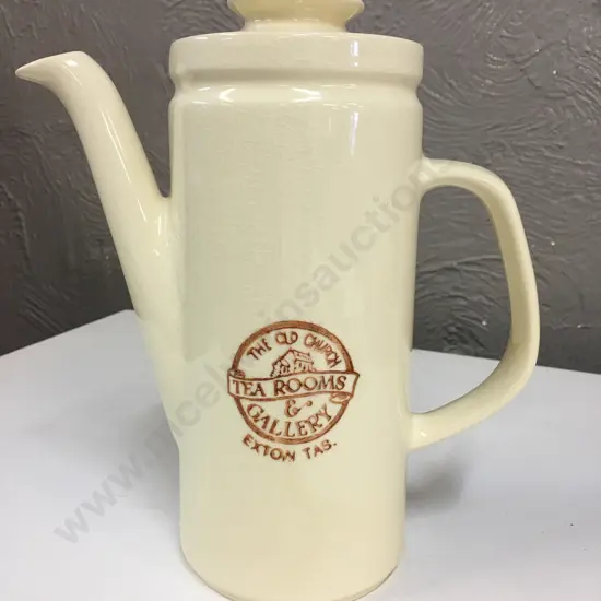 Vintage Bendigo Pottery Coffee Jug Cream Coloured Glaze & Logo 'The Old Church Tea Rooms' Gallery Exton Tas H24cm.