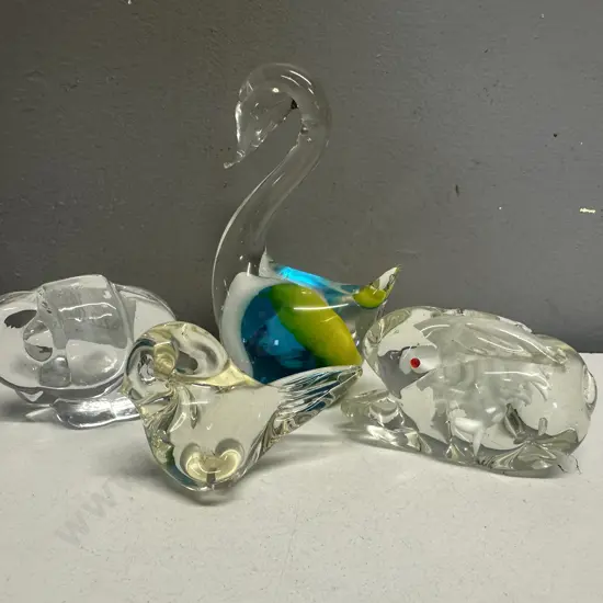 Art Glass Figurines Including Sweden Orrefors Elephant, Swan Etc