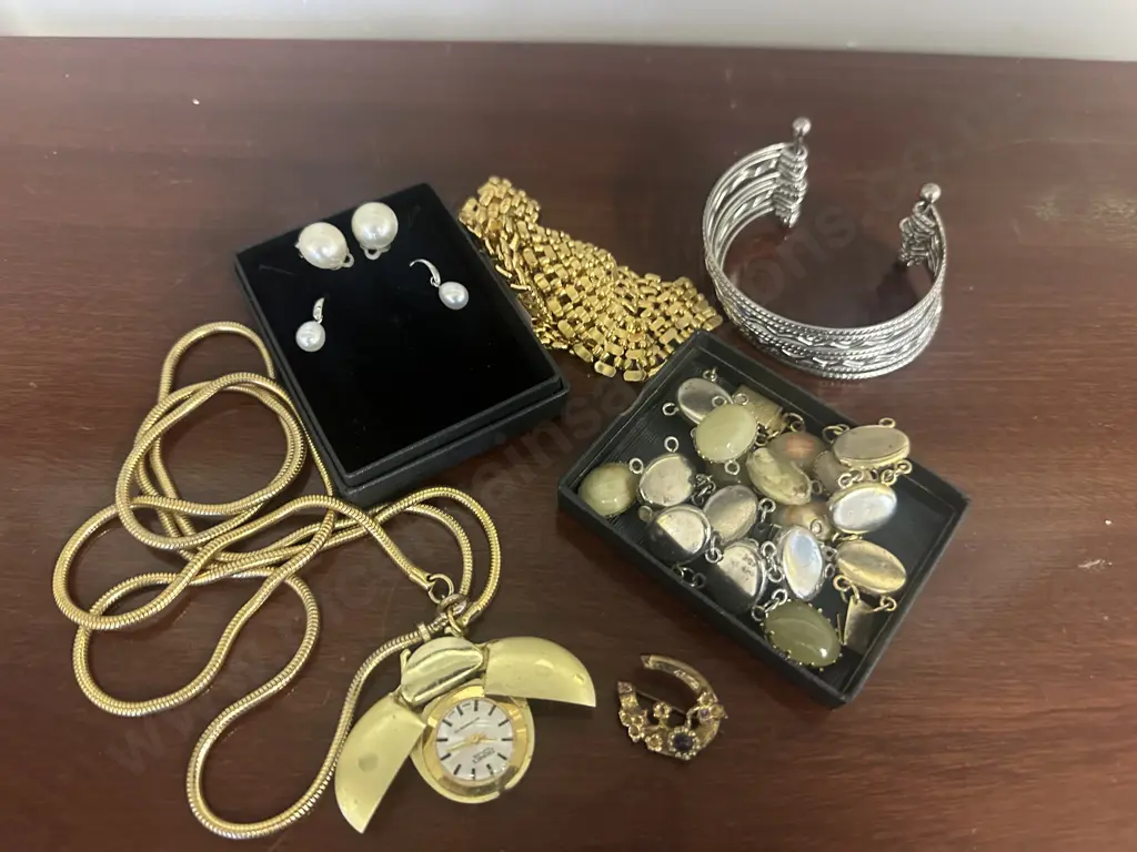 Assorted Vintage Costume Jewellery Including Horse Shoe Floral Brooch, Drimex Necklace Watch, Earings Etc Image 1++