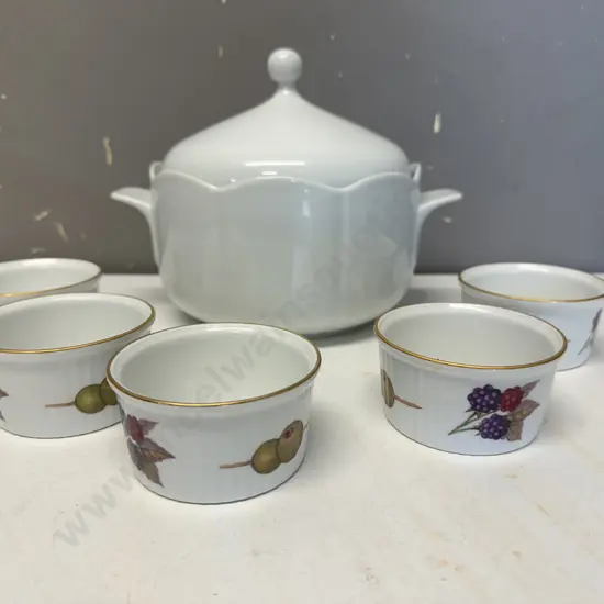 German Tirschenreuth Lidded Serving Dish With Evesham Souffle Dishes x5