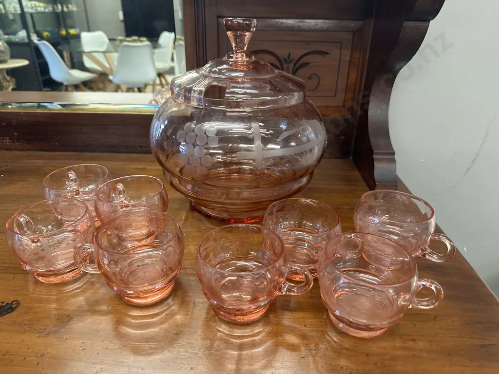 Vintage Clear Pink Glass Punch Bowl & Eight Glass Set Image 1++