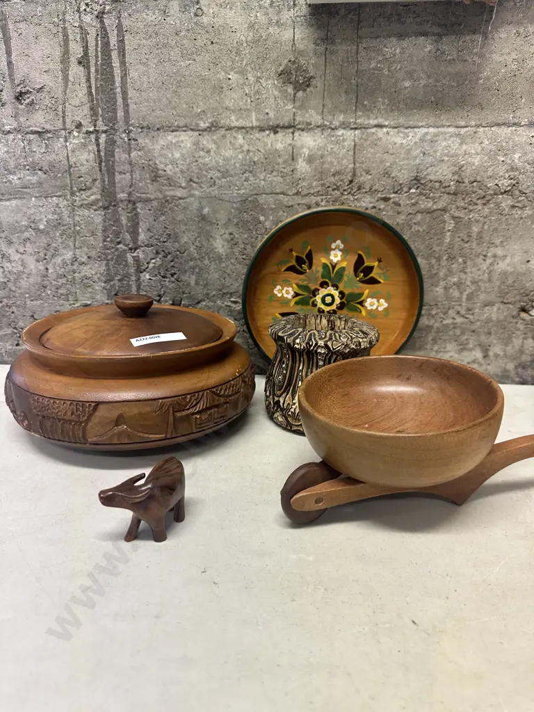 Selection of Wooden Ware, Punga Vase, Wheelbarrow Etc Image 1++