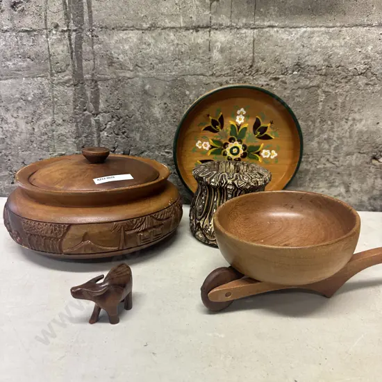 Selection of Wooden Ware, Punga Vase, Wheelbarrow Etc