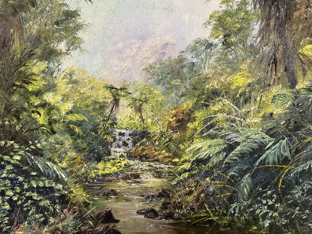Original Oil Painting Titled 'Bush Waterfall' - Pohuehue by Brian Brennan 94. Framed 60 x 70cm Image 1++