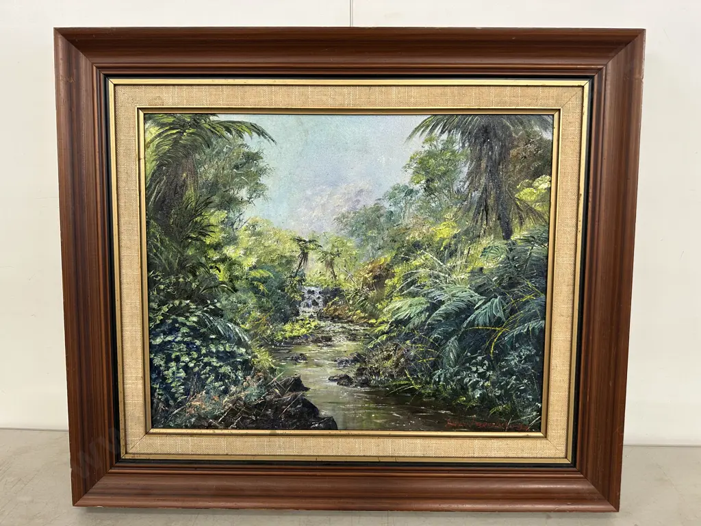 Original Oil Painting Titled 'Bush Waterfall' - Pohuehue by Brian Brennan 94. Framed 60 x 70cm Image 1++