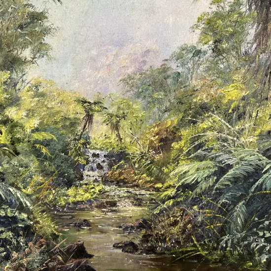 Original Oil Painting Titled 'Bush Waterfall' - Pohuehue by Brian Brennan 94. Framed 60 x 70cm