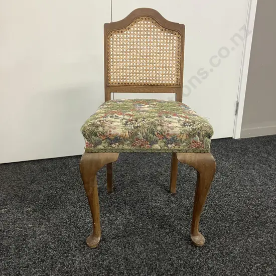 French Style Mahogany & Rattan Small Dresser Chair With Tapestry Upholstered Seat. H77cm