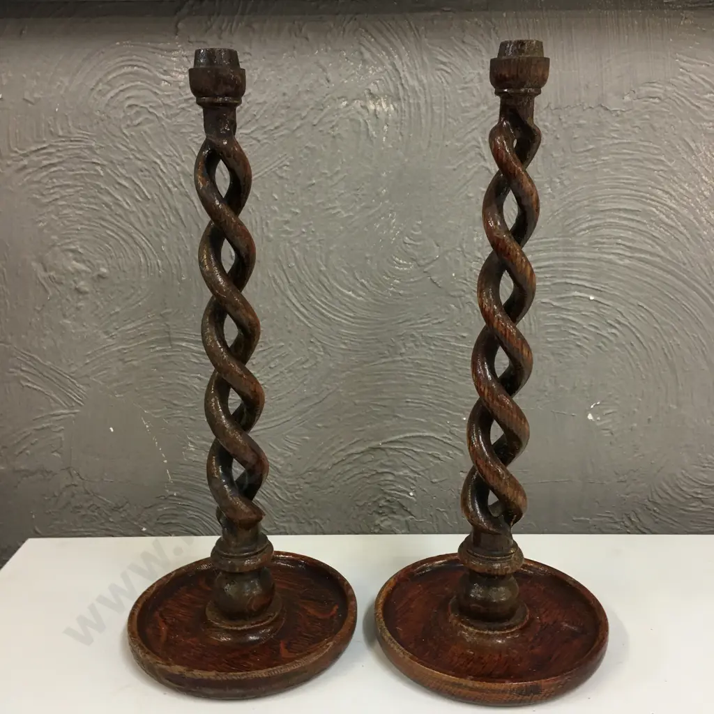Pair Of Vintage Wooden Barley Twist Candle Holders ( Missing Top Piece) H42cm. Image 1++