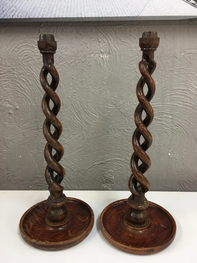 Pair Of Vintage Wooden Barley Twist Candle Holders ( Missing Top Piece) H42cm. Image 1++