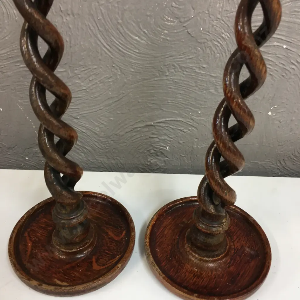Pair Of Vintage Wooden Barley Twist Candle Holders ( Missing Top Piece) H42cm. Image 1++