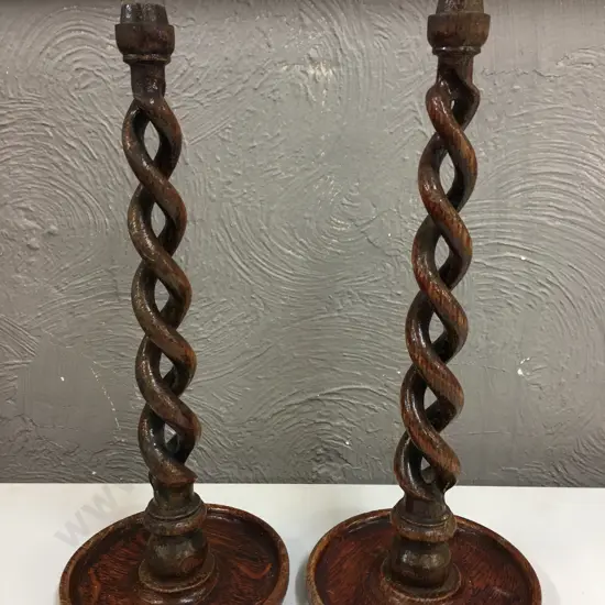 Pair Of Vintage Wooden Barley Twist Candle Holders ( Missing Top Piece) H42cm.