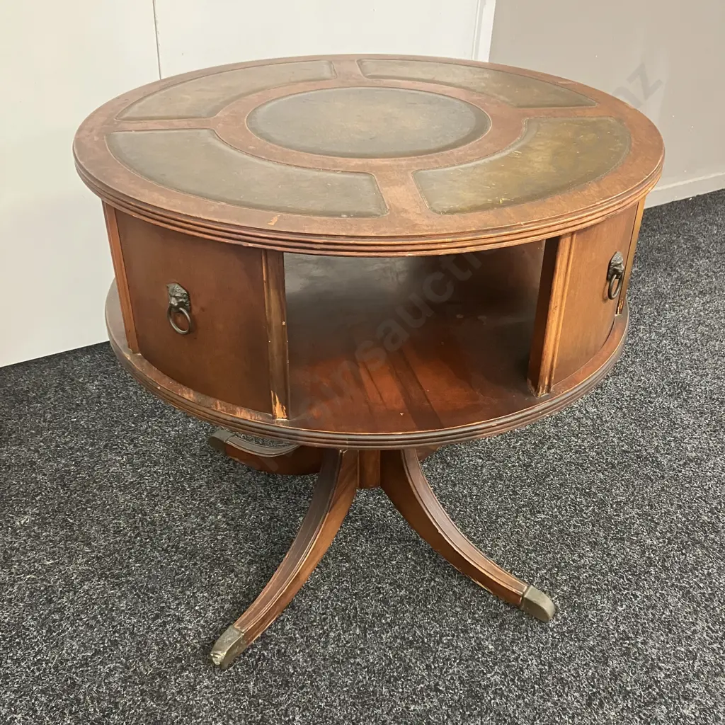 Antique Duncan Phyfe Style Leather Top Rotating Drum Library Table. 69 x 71cm Image 1++