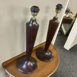 Pair of Mahogany Column Table Lamps With Fluted Ribbed Design & Circular Base (Need Plugs & Leads). H46cm Image 1++