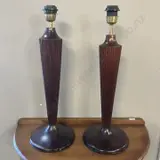 Pair of Mahogany Column Table Lamps With Fluted Ribbed Design & Circular Base (Need Plugs & Leads). H46cm Image 1++